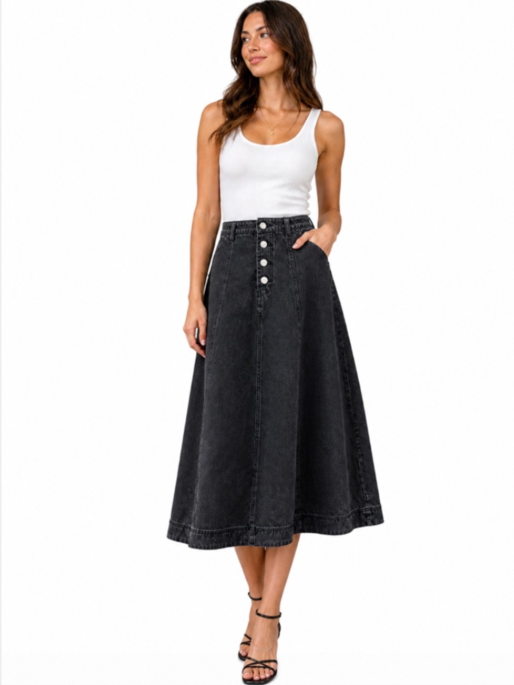 Habitual Denim High Waist A-Line Midi Skirt Button Front Washed Black Size 6